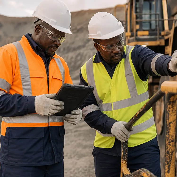 Mine safety officers inspecting equipment and reviewing site information